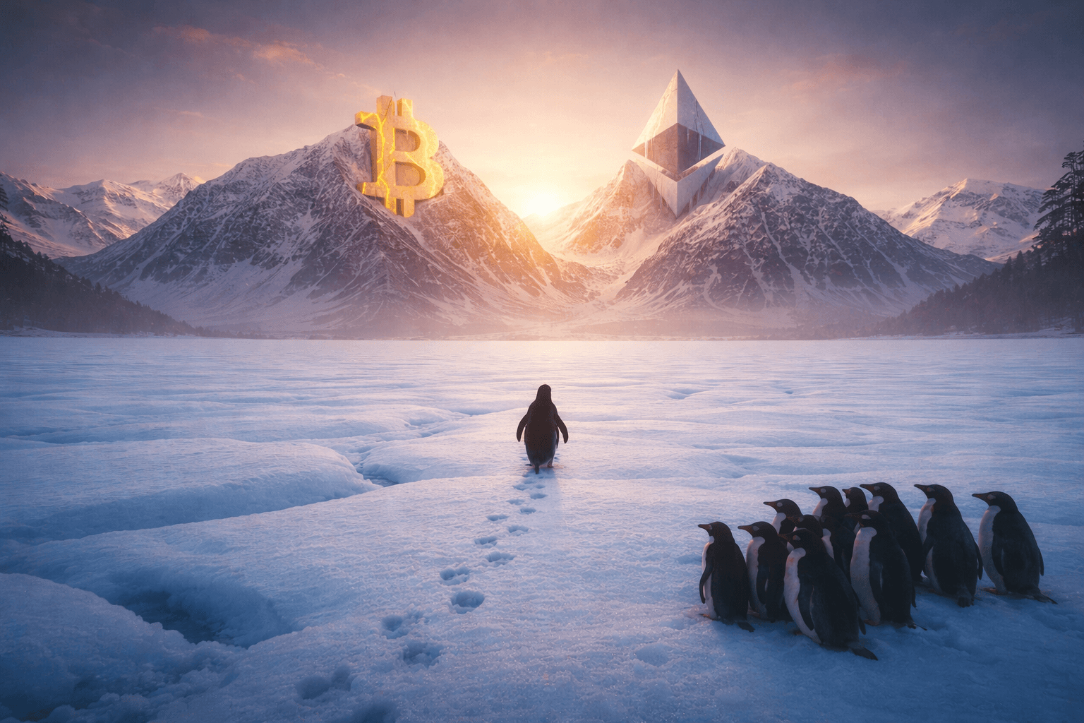 Crypto University penguins crossing an icy mountain landscape